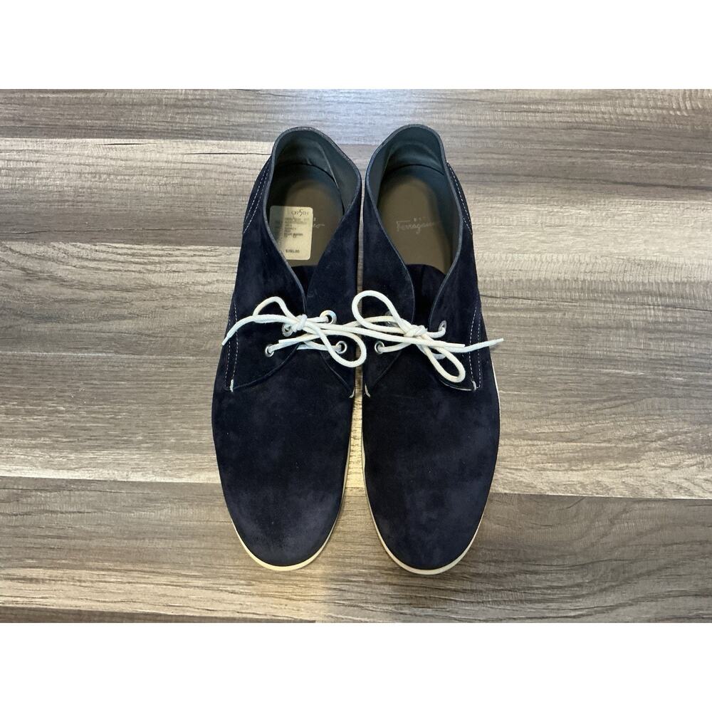 Salvatore Ferragamo Men Lace Up Rico Chukka Boot 11 EEE Navy Blue Suede Designer